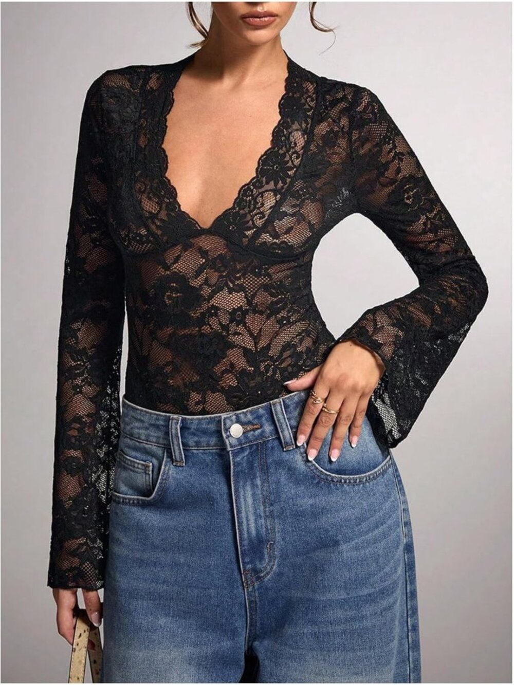 Sheer Floral Lace Bodysuit with Deep V Neck & Bell Sleeves - Slim Fit Leotard - Picture 5 of 5
